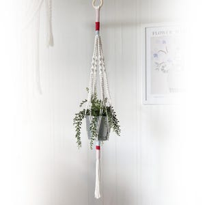 May include: A white macrame plant hanger with a wooden ring at the top and a tassel at the bottom. The hanger supports a gray metal pot filled with greenery. Red and blue accents are visible.