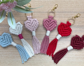 Handmade Macrame Heart Keychain | Boho Tassel Bag Charm | Gold Clasp Accessory