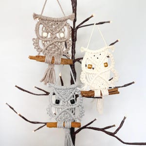 May include: Three macrame owl ornaments in beige, cream, and grey, each featuring knotted cord patterns, wooden bead eyes, and a hanging loop. Each owl is perched on a small brown cinnamon stick, creating a textured, handcrafted appearance.