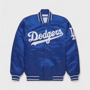 LA Dodgers Satin Bomberjacke - Retro Varsity Baseball Style, Blue Edition, Premium-Qualität, Mehrwertsteuerfreie Lieferung