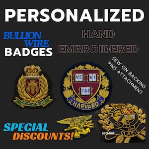 Custom made  Vintage Hand Embroidered Bullion Wire Badge , Blazer badge , Royal Crest, Royal Emblem, Ralph Family, pocket Sized