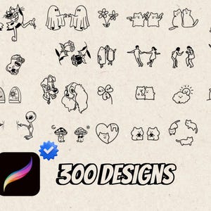 May include: A collection of 300 black and white line art designs, including cartoon characters, animals, flowers, and abstract figures. The designs are displayed on a beige background, with a Procreate app icon and the text "300 DESIGNS".