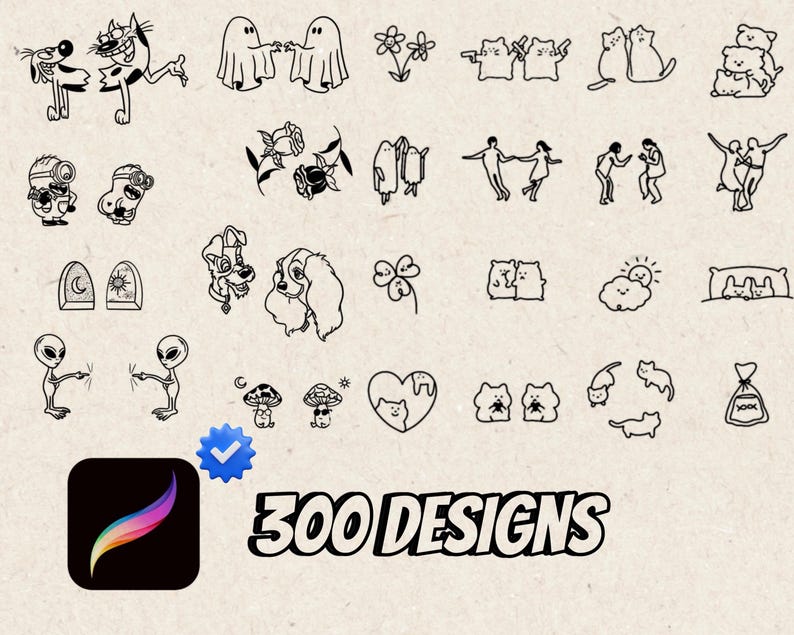 May include: A collection of 300 black and white line art designs, including cartoon characters, animals, flowers, and abstract figures. The designs are displayed on a beige background, with a Procreate app icon and the text "300 DESIGNS".