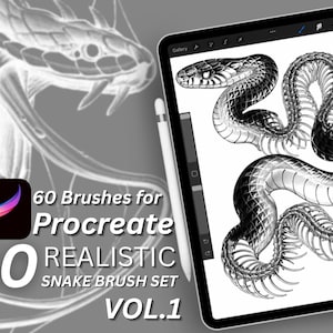 Op de afbeelding: Een iPad toont een gedetailleerde zwart-wit slang illustratie, onderdeel van een Procreate brush set. Een stylus is zichtbaar. Tekst: "60 Penselen voor Procreate, 60 Realistic Snake Brush Set Vol. 1."