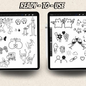 May include: Two digital tablets displaying black and white cartoon illustrations. The illustrations include characters, flowers, hearts, and other graphic elements. The text "READY-TO-USE" is at the top.