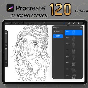 May include: A tablet screen displaying a digital art product. The image features a Chicano stencil design of a woman with a gun, part of a set of 120 brushes for Procreate. The Etsy interface is visible, showcasing the product.