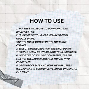May include: A torn piece of paper with the title "HOW TO USE" and numbered instructions for downloading a brushset file. The paper is taped to a textured, off-white surface with a grid pattern.