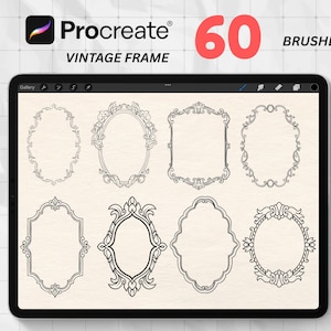 May include: A digital tablet displays a collection of vintage frame brushes for Procreate. The image features eight ornate frame designs in black, with the Procreate logo and the text "Vintage Frame" and "60 Brushes" in red and black.