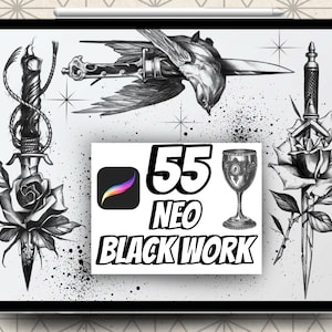 55 Dark Work Procreate Tattoo Brushes – Horror, Sketch & Blackwork Stamp Set for iPad | Procreate Brushset for Tattoo Artists