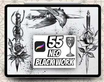 55 Dark Work Procreate Tattoo Brushes – Horror, Sketch & Blackwork Stamp Set for iPad | Procreate Brushset for Tattoo Artists