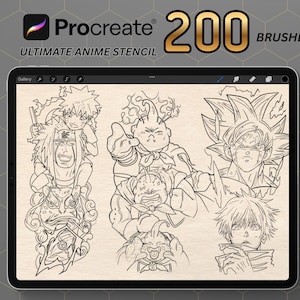 May include: A digital tablet displays anime character sketches. The screen shows multiple black and white illustrations of anime figures. The tablet's screen also displays the text "Procreate" and "200 BRUSHES" and "ULTIMATE ANIME STENCIL".