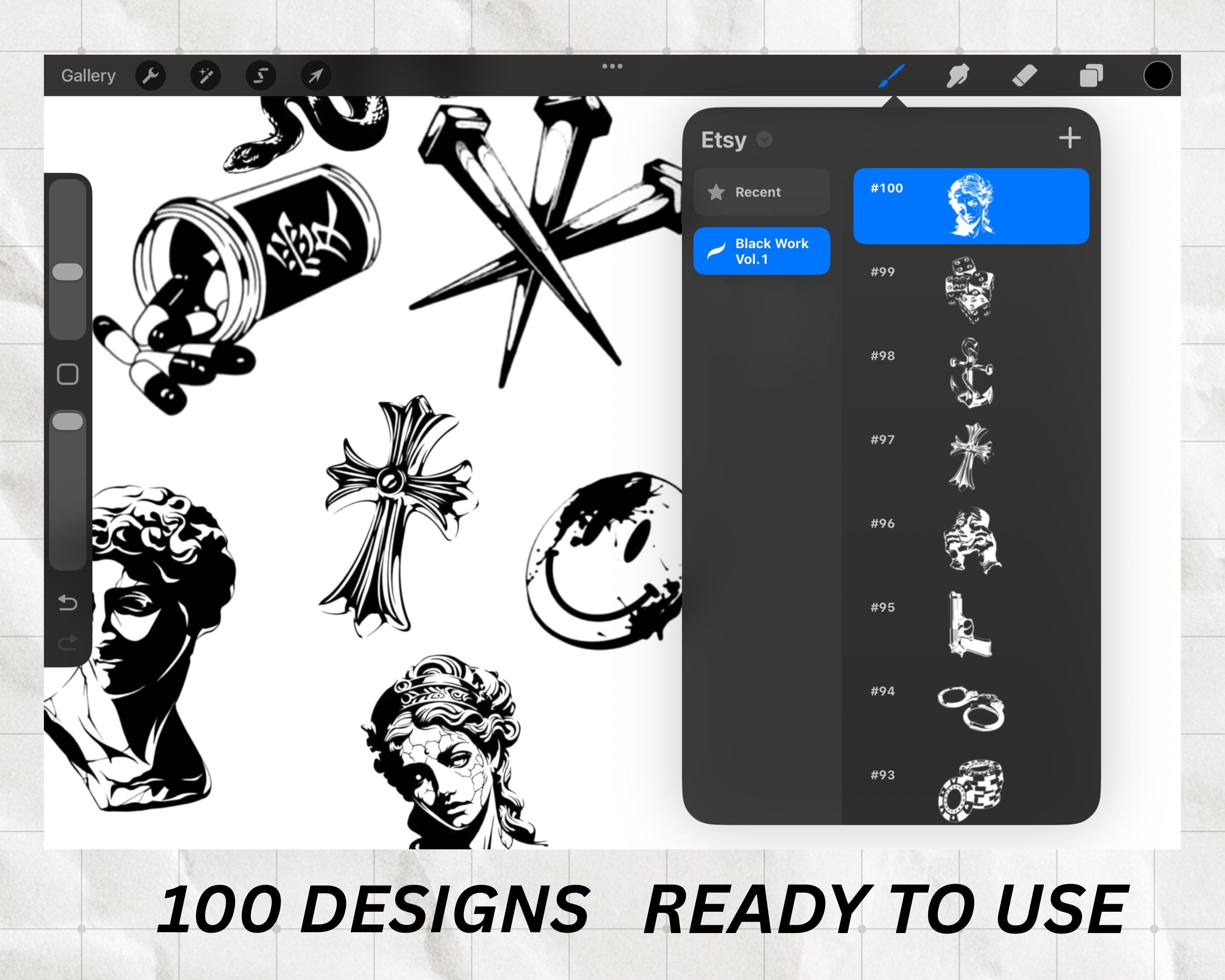 100 Black Work Procreate Tattoo Brushes – Blackwork Stamp Set for iPad ...