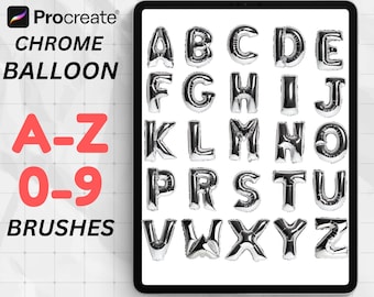 Procreate Balloon Letters & Numbers – Chrome Alphabet A–Z  0–9 Stamps – Silver Balloon Font Brushes – Party Lettering Made for Procreate