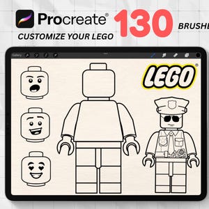 May include: A digital illustration on a tablet screen featuring LEGO-themed designs. The image includes the Procreate logo, the text "Customize Your LEGO," and "130 Brushes." Various LEGO figures and faces are displayed, including a police officer.