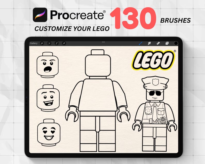 May include: A digital illustration on a tablet screen featuring LEGO-themed designs. The image includes the Procreate logo, the text "Customize Your LEGO," and "130 Brushes." Various LEGO figures and faces are displayed, including a police officer.