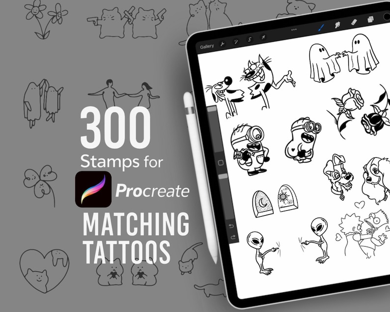 May include: A digital tablet displays a collection of 300 matching tattoo stamps for Procreate, featuring various black and white line art designs. The designs include cartoon characters, flowers, and other whimsical illustrations. A stylus is placed next to the tablet.