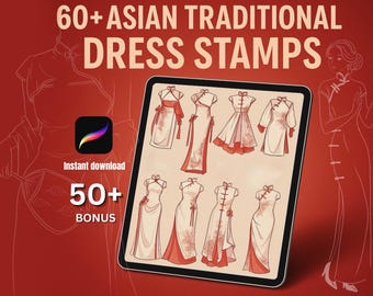 Procreate Fashion Stamps: 66 Asian Outfit Sketches + Bonus Elements