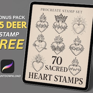 Puede incluir: Una tableta digital muestra un conjunto de sellos Procreate con 70 sellos de corazones sagrados. La imagen incluye el texto "Bonus Pack 45 Deer Stamp Free" e "Instant Download". Los sellos son dibujos lineales negros.