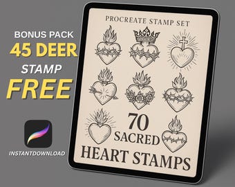 70 Heilig Hart-tatoeagestempels + 45 GRATIS flitsset herten – voortplantingsborstels voor tattoo-ontwerp, flitsvel, lijntekeningenbundel