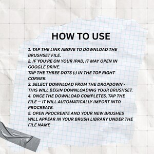 May include: A torn piece of paper with the words "HOW TO USE" in bold black letters. Instructions for downloading a brushset file are listed below the title. The paper is taped to a textured background.