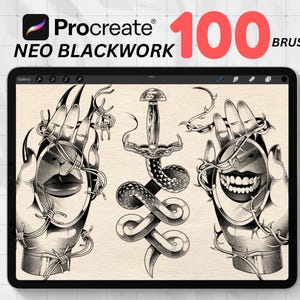 Könnte beinhalten: Ein digitales Tablet zeigt ein Procreate Neo Blackwork Pinselset. Das Bild zeigt Tattoo-Stil-Illustrationen von Händen, einem Schwert, das sich mit einer Schlange verschlingt, sowie Mund und Zähne. Die Zahl "100" in Rot zeigt die Anzahl der Pinsel an.