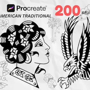 May include: Digital Procreate brushes with American traditional tattoo designs. The image shows a woman's profile, an eagle, and the number 200. The text "AMERICAN TRADITIONAL" is also visible.