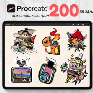 Op de afbeelding: Een digitale tablet toont de Procreate app-interface met de tekst "Old School X Cartoon" en "200 Brushes". Het scherm toont cartoon-stijl illustraties, waaronder een piratenschip, een aansteker en een rode vogel.