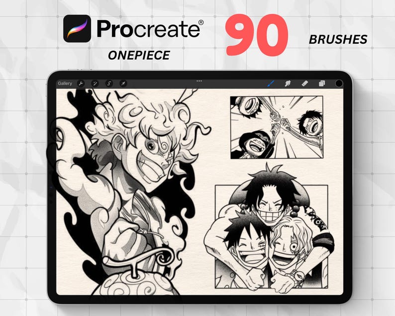 Procreate Brushes – 90 One Piece Anime | Manga Stamps | Coloring Book Tattoo & Digital Art Brush Set for Procreate on iPad image 1