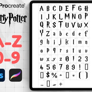 May include: A digital tablet displays a black and white Harry Potter-themed font, including letters, numbers, and symbols. The Procreate and Photoshop logos are visible, along with the text "A-Z 0-9". The Harry Potter logo is at the top.