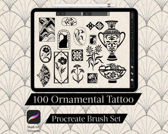100 Procreate Ornamental Tattoo Brushes – Mandala, Filigree, Line Art, Decorative Pattern Stamps, Vintage Tattoo Flash, Pro Linework Brush