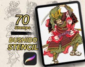70 Japanese Stencil Brushes for Procreate | Traditional Tattoo Outline Stamps | Warrior Mask Flash Design