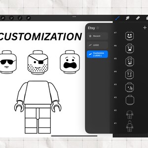 May include: Digital illustration of LEGO customization options. The word "CUSTOMIZATION" is at the top. The image shows various LEGO head designs, including one with sunglasses, one with an eyepatch, and one with a surprised expression. A digital interface displays additional customization choices.