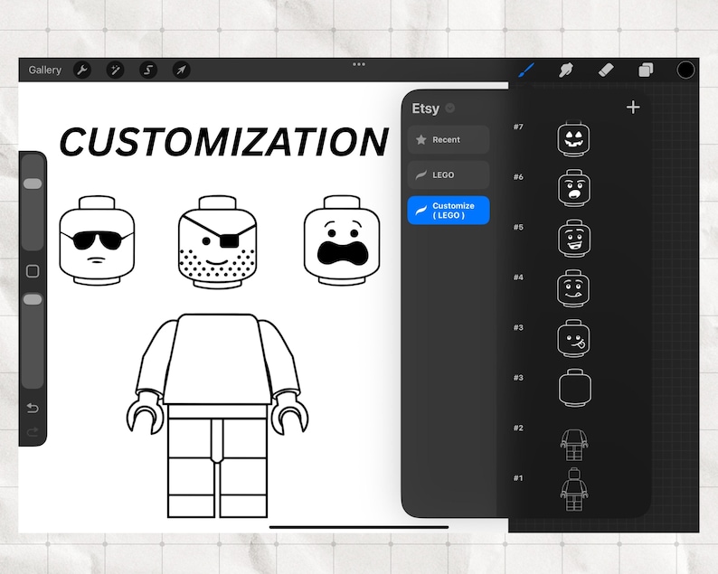 May include: Digital illustration of LEGO customization options. The word "CUSTOMIZATION" is at the top. The image shows various LEGO head designs, including one with sunglasses, one with an eyepatch, and one with a surprised expression. A digital interface displays additional customization choices.