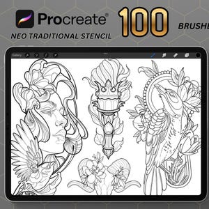 Peut inclure: Une tablette numérique affiche l'interface de l'application Procreate avec le texte "100 BRUSHES" et "NEO TRADITIONAL STENCIL". L'écran présente des motifs de tatouage néo-traditionnels en noir et blanc, dont un visage de femme, une torche et un oiseau.