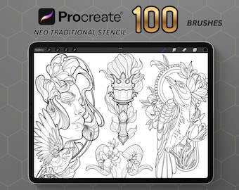 100 High-Resolution Neo Traditional Tattoo Stencils | Procreate Tattoo Stamps | Instant Download | Tattoo flash | Tattoo designs | Flash