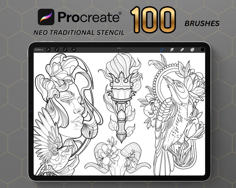 100 High-resolution Neo Traditional Tattoo Stencils | Procreate Tattoo ...