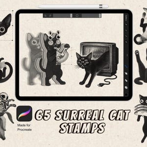 65 Procreate Cat Stamp Brushes - Surreal & Trippy Style for Tattoo design, Digital Art, Stickers