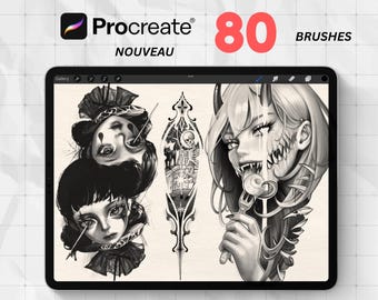 80 Dark Work Procreate Tattoo Brushes – Horror, Nouveau Sketch & Blackwork Stamp Set for iPad | Procreate Brushset for Tattoo Artists
