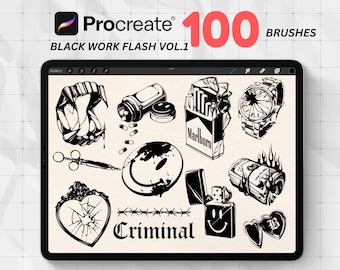 100 Black Work Procreate Tattoo Brushes – Blackwork Stamp Set for iPad | Procreate Brushset for Tattoo Artists | Tattoo flash design |