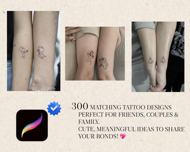May include: Image featuring several sets of matching tattoos on arms. The tattoos are small, black line drawings of various designs, including animals and abstract shapes. Text reads "300 matching tattoo designs perfect for friends, couples & family."