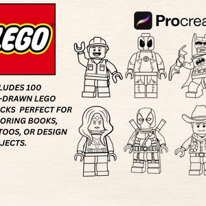 May include: A digital art asset featuring the LEGO logo and several line art LEGO figures, including a construction worker, Batman, and Wonder Woman. Text reads "INCLUDES 100 PRE-DRAWN LEGO BLOCKS PERFECT FOR COLORING BOOKS, TATTOOS, OR DESIGN PROJECTS."