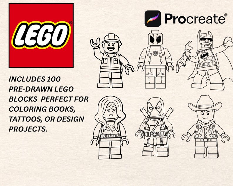 May include: A digital art asset featuring the LEGO logo and several line art LEGO figures, including a construction worker, Batman, and Wonder Woman. Text reads "INCLUDES 100 PRE-DRAWN LEGO BLOCKS PERFECT FOR COLORING BOOKS, TATTOOS, OR DESIGN PROJECTS."