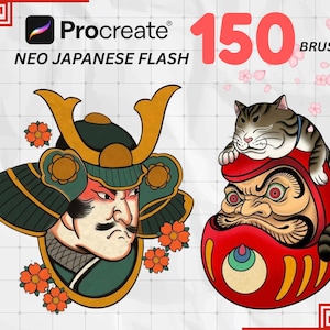 Può includere: Design di arte digitale con un elmo da samurai e una bambola Daruma con un gatto. Il design include il testo "Procreate NEO JAPANESE FLASH" e "150 BRUSHES". La tavolozza dei colori include rosso, verde, giallo e arancione.