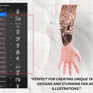 May include: A digital art library interface with a selection of tattoo design elements. The interface displays a list of categories, including "Onepiece" and various other styles. A forearm with a detailed tattoo design is also visible, along with the text: "PERFECT FOR CREATING UNIQUE TATTOO DESIGNS AND STUNNING FAN ART ILLUSTRATIONS."