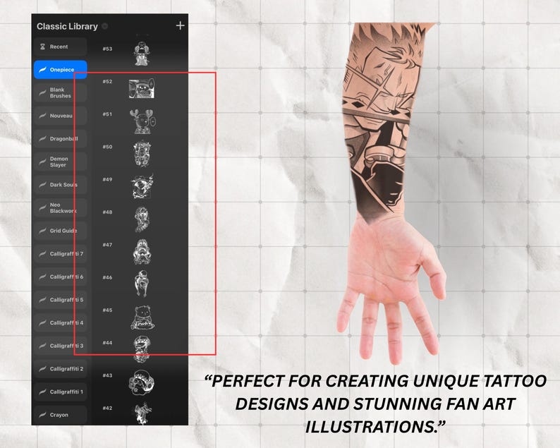 May include: A digital art library interface with a selection of tattoo design elements. The interface displays a list of categories, including "Onepiece" and various other styles. A forearm with a detailed tattoo design is also visible, along with the text: "PERFECT FOR CREATING UNIQUE TATTOO DESIGNS AND STUNNING FAN ART ILLUSTRATIONS."