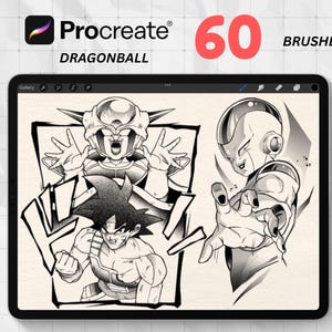 Könnte beinhalten: Digitale Illustration auf einem Tablet mit Dragonball-Charakteren. Das Tablet zeigt Schwarz-Weiß-Kunstwerke von Charakteren, mit dem Procreate-Logo und dem Text "60 BRUSHES" oben. Das Wort "DRAGONBALL" ist ebenfalls sichtbar.