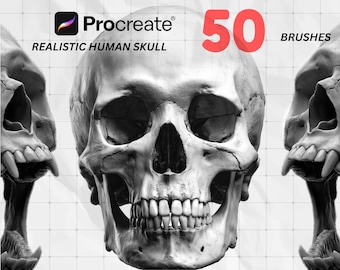 Procreate Brushes | 50 Realistic Skull Stamp Set | Tattoo Design Gothic Art Anatomy Drawing Halloween Clipart Dark Art Stamps