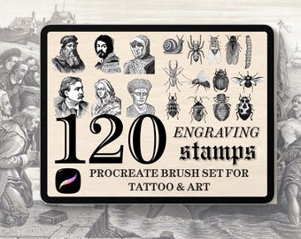 Fineline Engraving Procreate Brushes: 120 Vintage Portrait & Insect Stamps