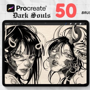 May include: A digital art illustration on a tablet screen, featuring two stylized female figures with dark hair and intricate facial details. The text "Procreate Dark Souls 50 BRUSHES" is displayed above the artwork.