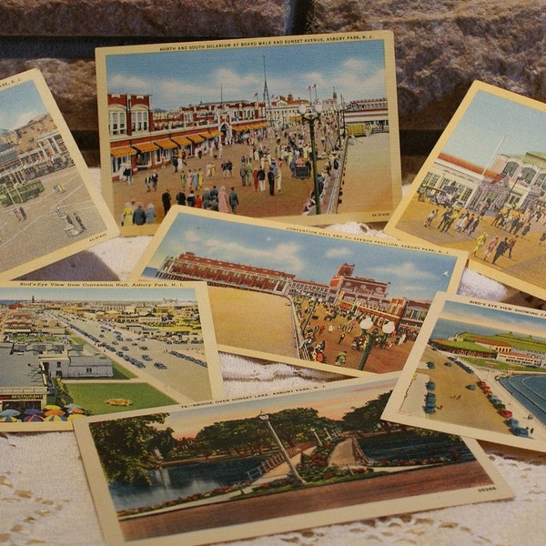 Greetings from Asbury Park...excellent collection of 7 unused vintage linen postcards..New Jersey Shore...